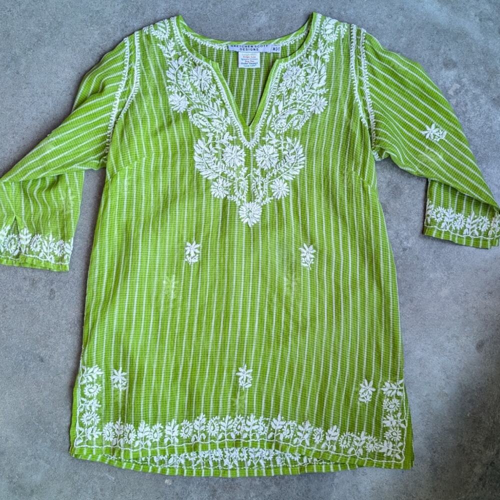Gretchen Scott Designs Embroidered Cotton Tunic Top Size M Love Life Tag Green